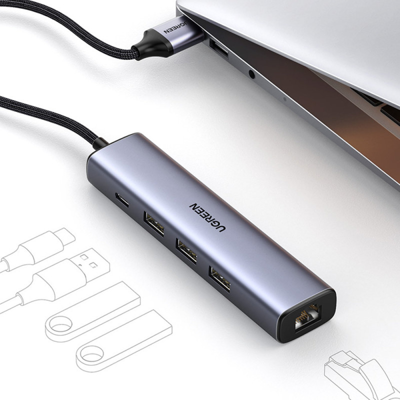 Daugiafunkcis HUB adapterio skirstytuvas USB 3.0 – 3x USB Ethernet RJ-45 USB-C PD pilka