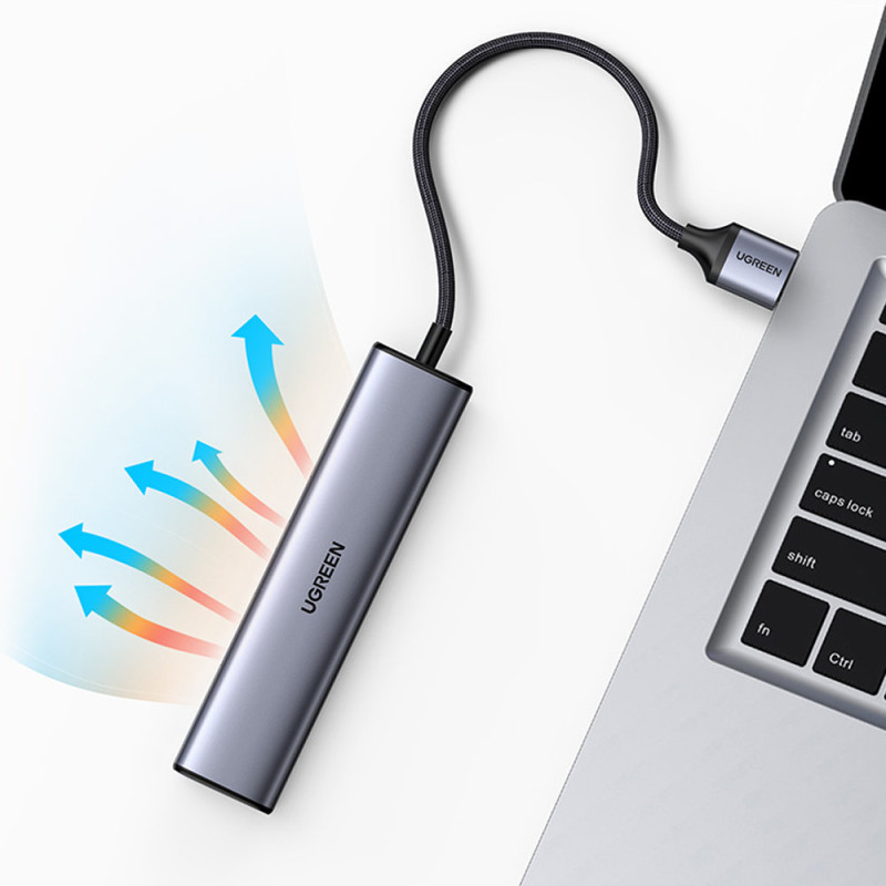 Daugiafunkcis HUB adapterio skirstytuvas USB 3.0 – 3x USB Ethernet RJ-45 USB-C PD pilka