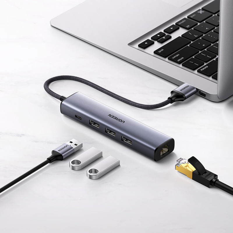 Daugiafunkcis HUB adapterio skirstytuvas USB 3.0 – 3x USB Ethernet RJ-45 USB-C PD pilka