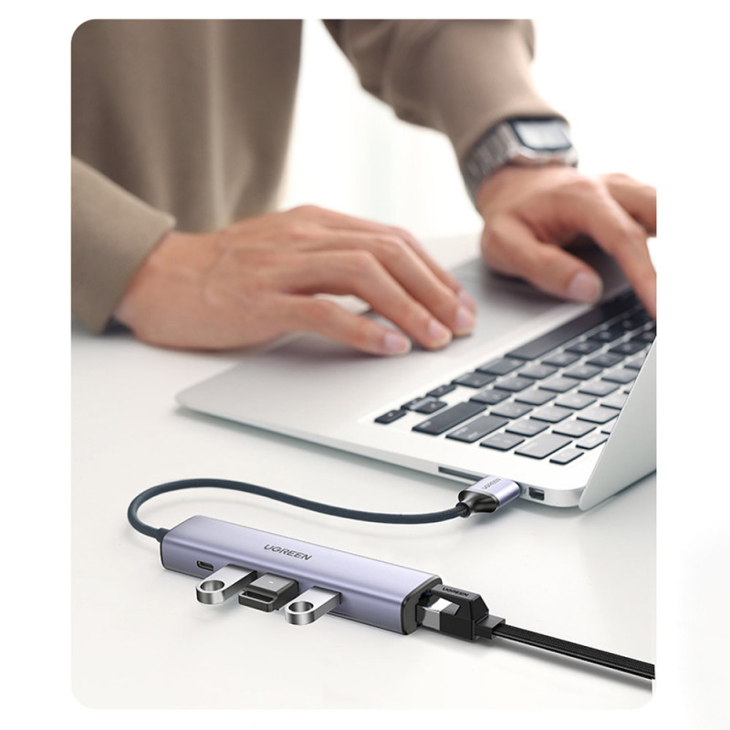 Daugiafunkcis HUB adapterio skirstytuvas USB 3.0 – 3x USB Ethernet RJ-45 USB-C PD pilka