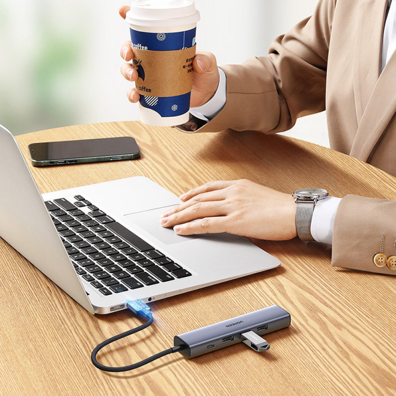 Daugiafunkcis HUB adapterio skirstytuvas USB 3.0 – 3x USB Ethernet RJ-45 USB-C PD pilka