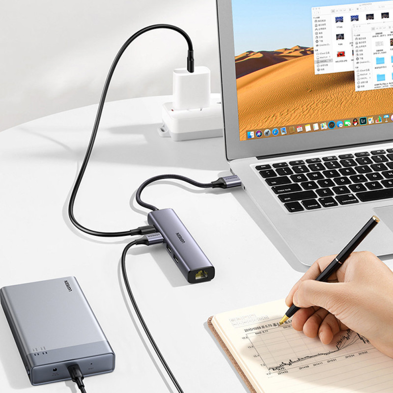 Daugiafunkcis HUB adapterio skirstytuvas USB 3.0 – 3x USB Ethernet RJ-45 USB-C PD pilka