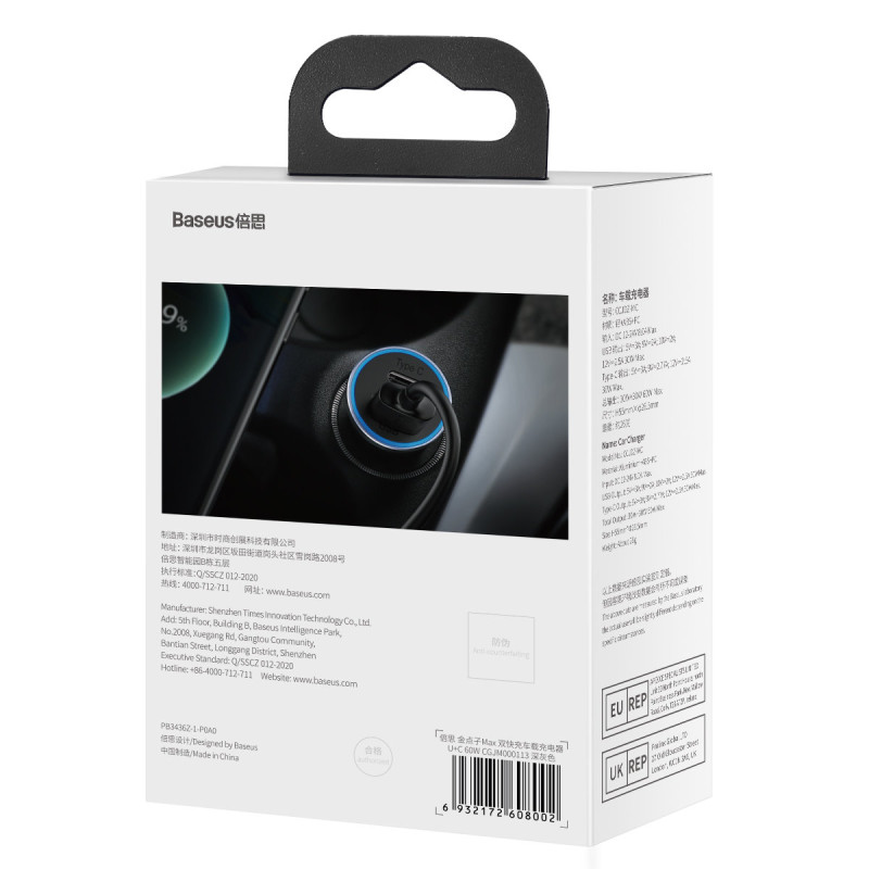 
Golden Contactor Max USB + USB-C 60W QC greitas automobilinis įkroviklis, tamsiai pilka
