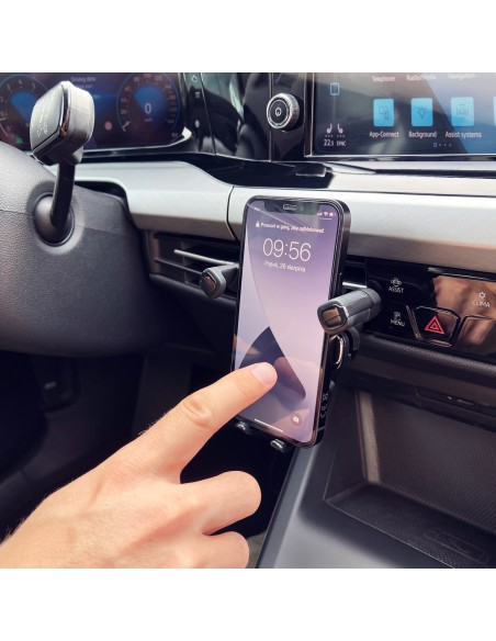 Juodas gravitacinis telefono laikiklis grotelėms automobilyje