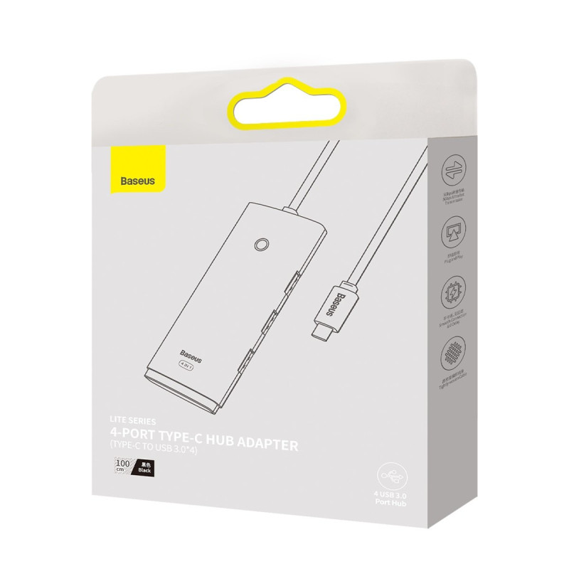 Lite serijos USB-C HUB adapteris 4x USB 3.0 1m juodas