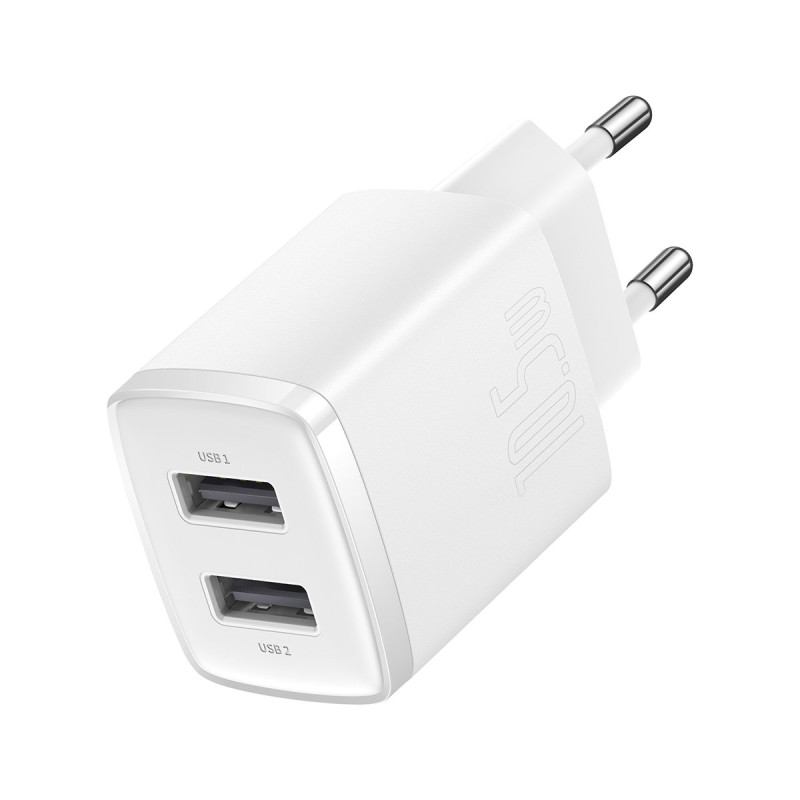 Mažas kompaktiškas 2x USB 10.5W sieninis įkroviklis, baltas