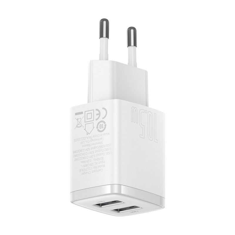 Mažas kompaktiškas 2x USB 10.5W sieninis įkroviklis, baltas