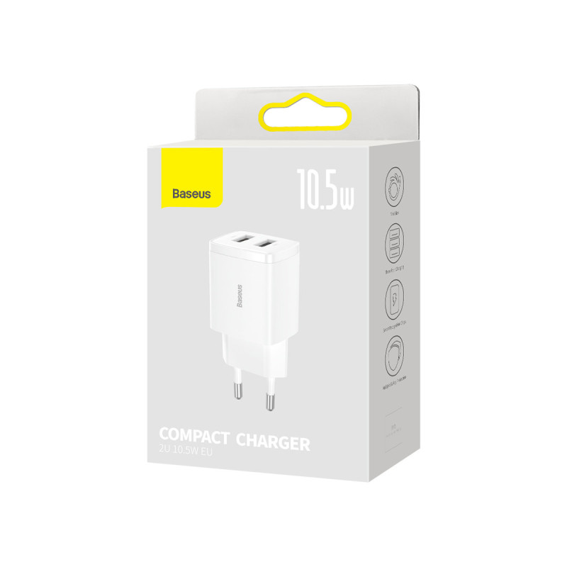 Mažas kompaktiškas 2x USB 10.5W sieninis įkroviklis, baltas