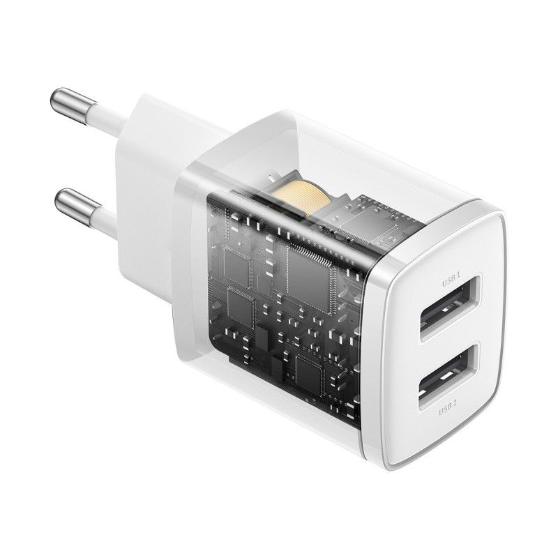 Mažas kompaktiškas 2x USB 10.5W sieninis įkroviklis, baltas