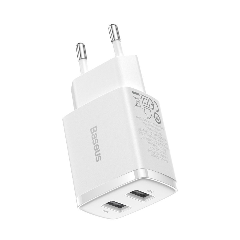 Mažas kompaktiškas 2x USB 10.5W sieninis įkroviklis, baltas