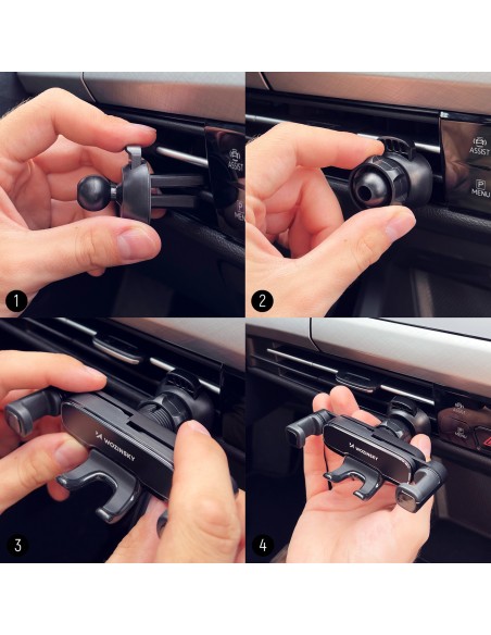 Juodas gravitacinis telefono laikiklis grotelėms automobilyje