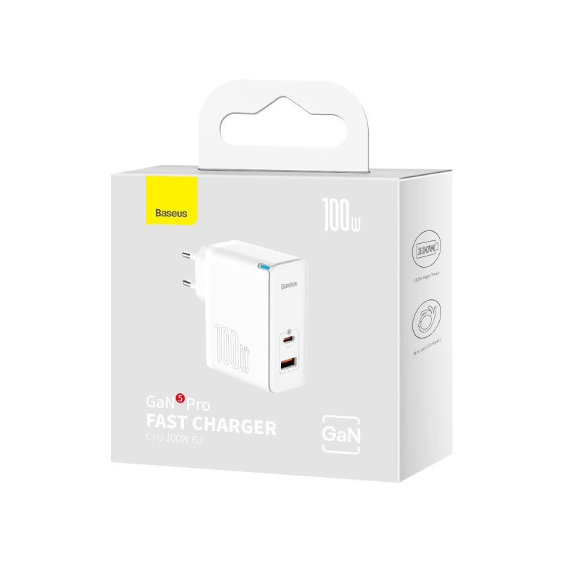 Greitas GaN5 Pro USB-C universalus sieninis įkroviklis USB 100W PD QC AFC Baltas