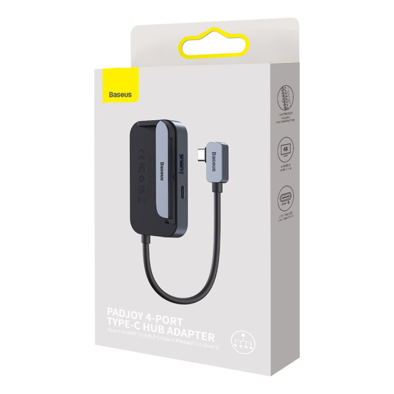 4in1 PadJoy HUB USB prievado skirstytuvas planšetiniam išmaniajam telefonui USB-C HDMI mini lizdas tamsiai pilkas