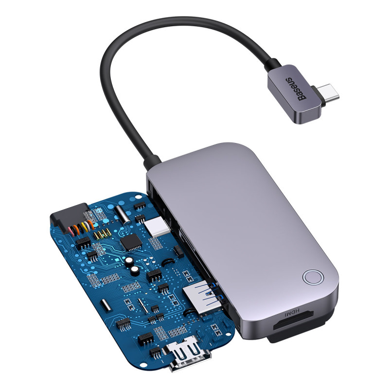 4in1 PadJoy HUB USB prievado skirstytuvas planšetiniam išmaniajam telefonui USB-C HDMI mini lizdas tamsiai pilkas