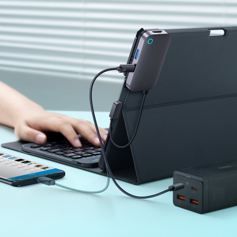 4in1 PadJoy HUB USB prievado skirstytuvas planšetiniam išmaniajam telefonui USB-C HDMI mini lizdas tamsiai pilkas