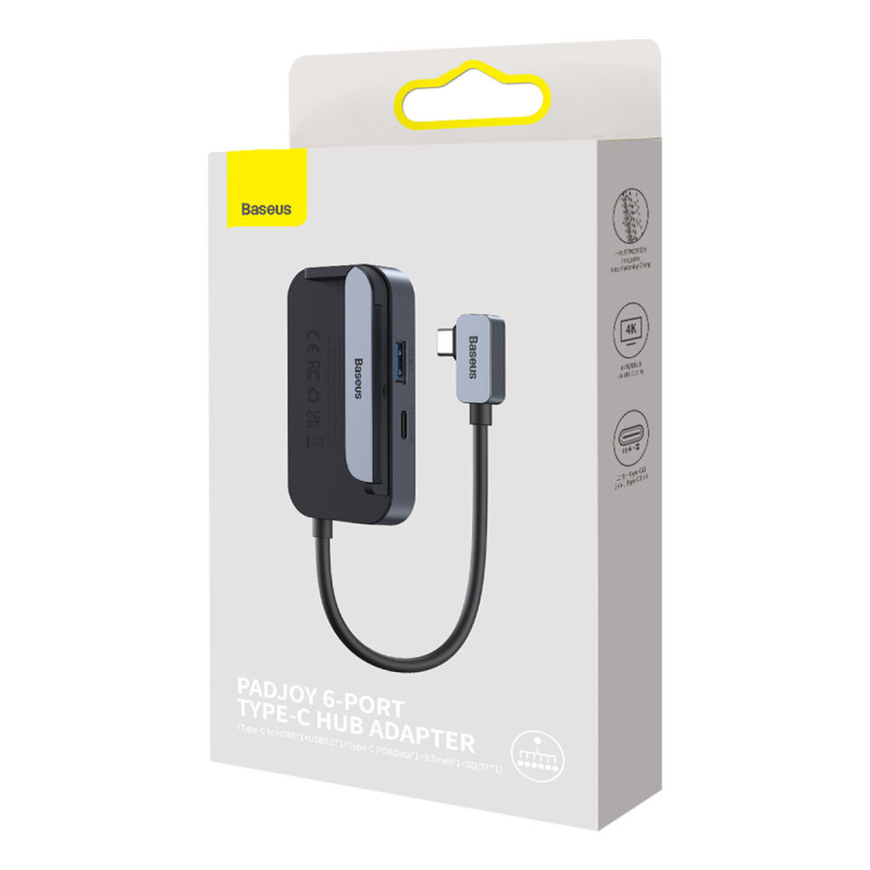 6in1 PadJoy HUB USB prievado skirstytuvas planšetiniam išmaniajam telefonui USB-C HDMI SD TF Tamsiai pilka