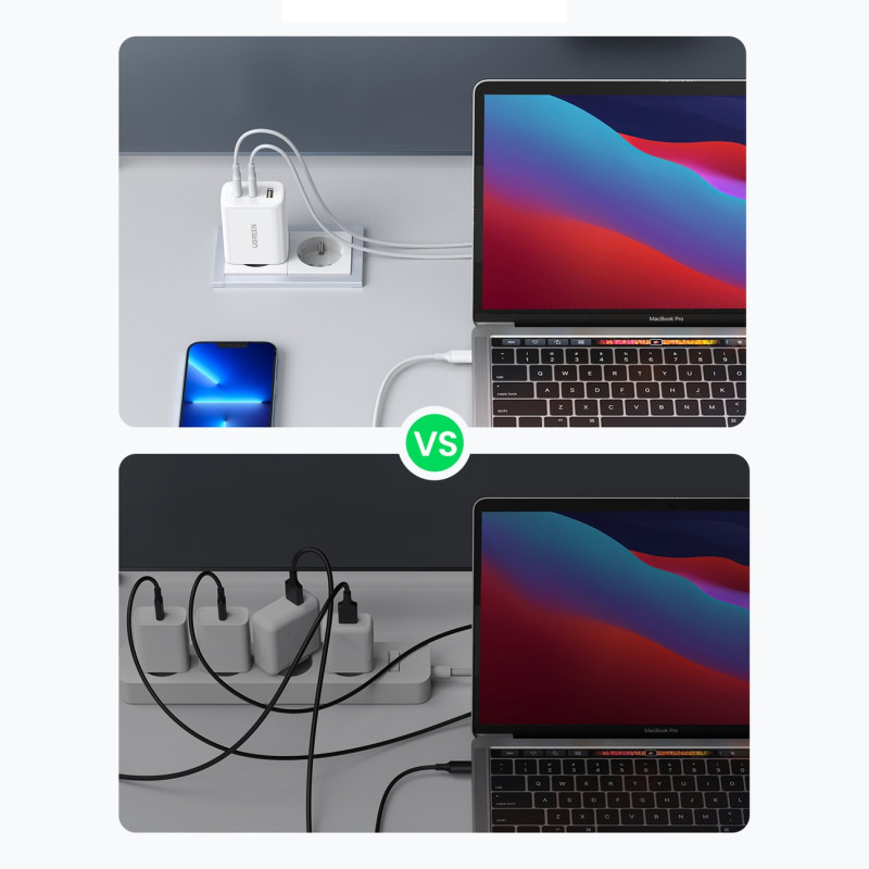 Greitas sieninis įkroviklis 2x USB-C USB 65W PD QC baltas