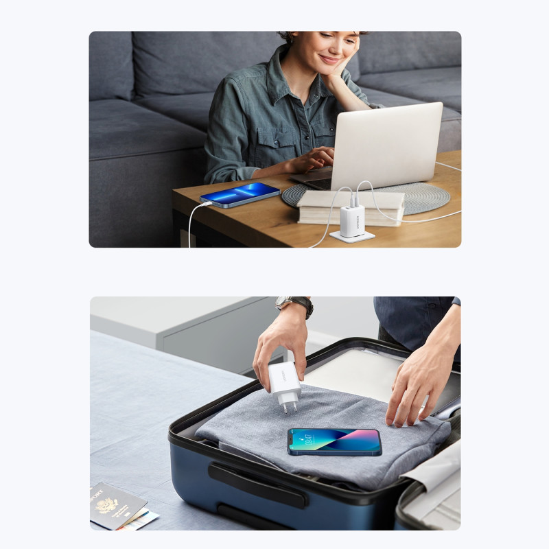 Greitas sieninis įkroviklis 2x USB-C USB 65W PD QC baltas