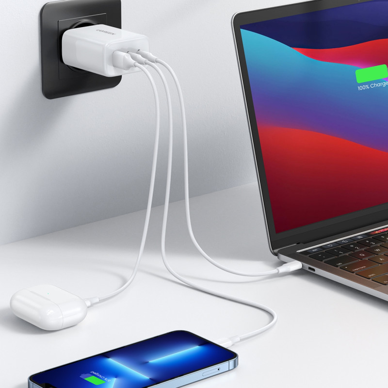Greitas sieninis įkroviklis 2x USB-C USB 65W PD QC baltas