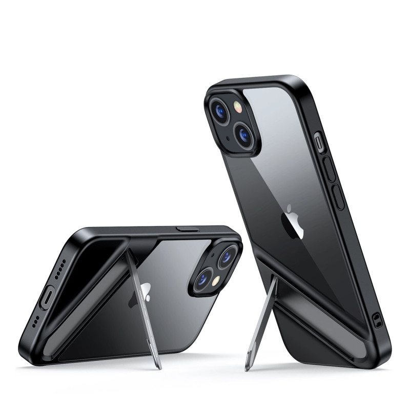 
Tvirtas dėklas su gelio rėmeliu ir įmontuotu stovu iPhone 14, juodas
