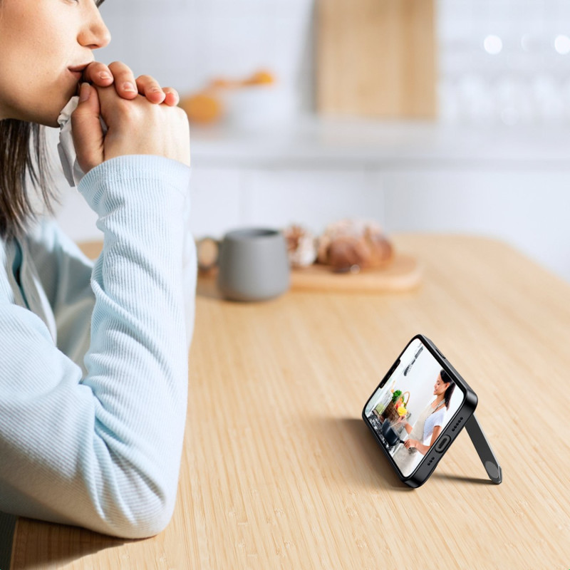 Tvirtas dėklas su gelio rėmeliu ir įmontuotu stovu iPhone 14, juodas