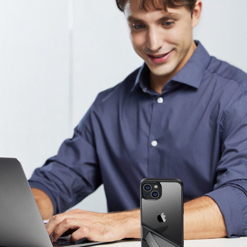 Tvirtas dėklas su gelio rėmeliu ir įmontuotu stovu iPhone 14, juodas