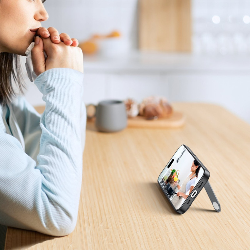 Tvirtas dėklas su gelio rėmeliu ir įmontuotu stovu iPhone 14 Pro, juodas