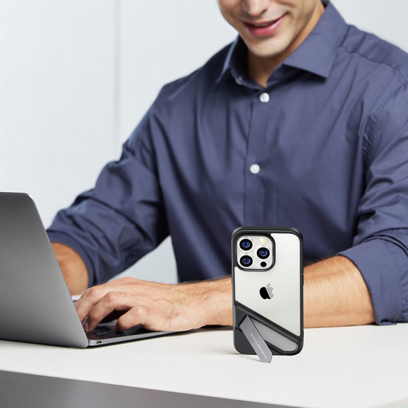 Tvirtas dėklas su gelio rėmeliu ir įmontuotu stovu iPhone 14 Pro, juodas