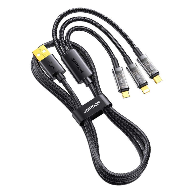 3in1 kabelis USB - USB-C / Lightning / micro USB 3.5 A 1.2m juodas