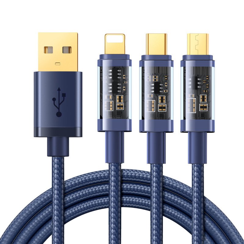 
3in1 kabelis USB - USB-C / Lightning / micro USB 3.5 A 1.2m mėlynas
