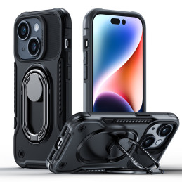 
Dėklas iPhone 14, šarvuotas dangtelis su stovu ir žiedo laikikliu, juodas
