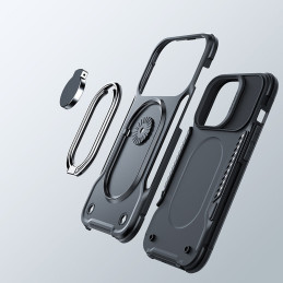 
Dėklas iPhone 14, šarvuotas dangtelis su stovu ir žiedo laikikliu, juodas
