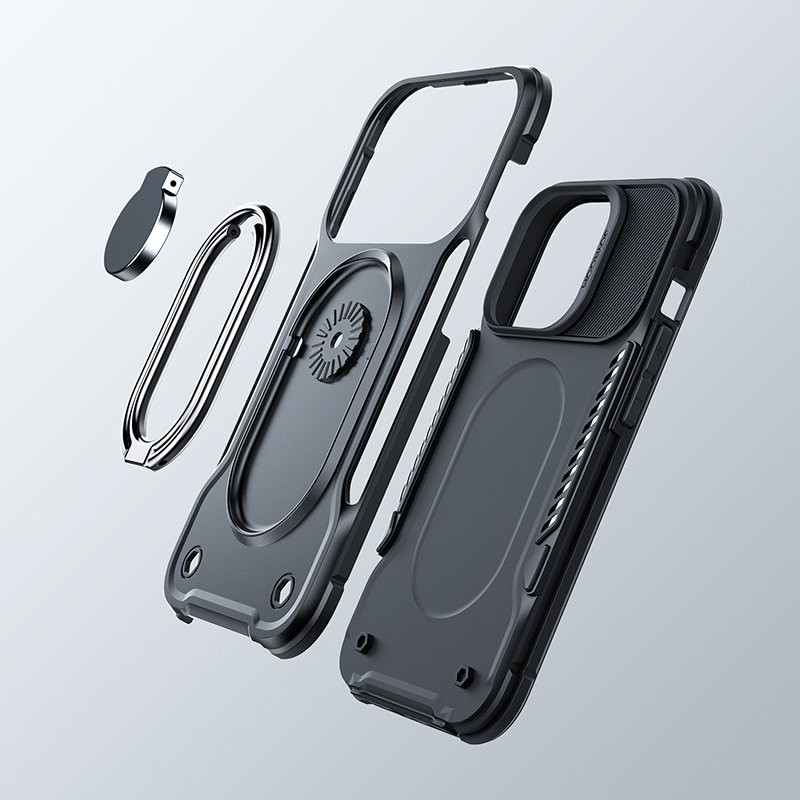 Dėklas iPhone 14 Pro, šarvuotas dangtelis su stovu ir žiedo laikikliu, juodas