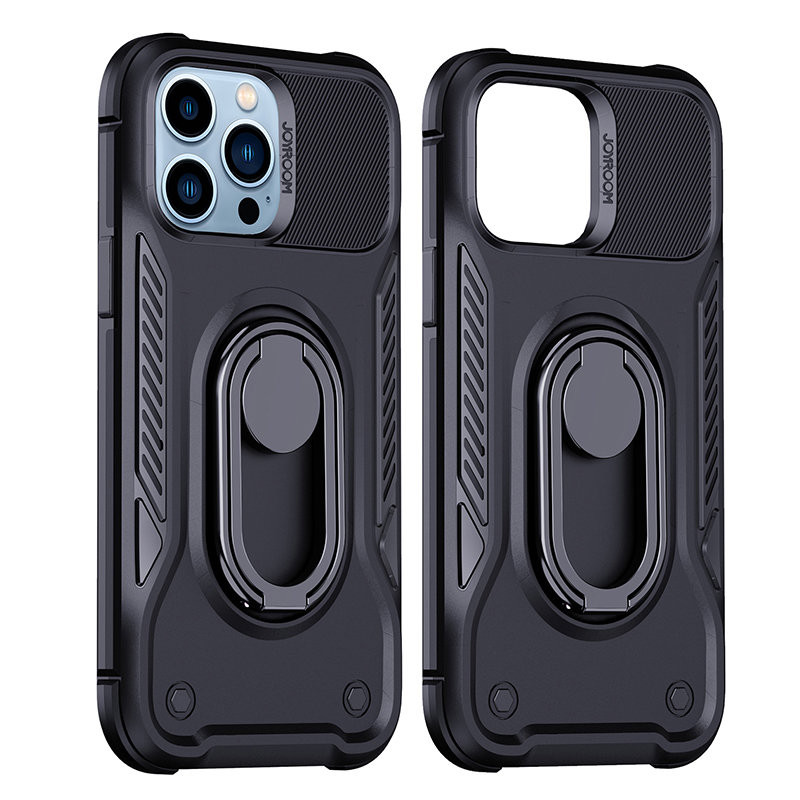 Dėklas iPhone 14 Pro, šarvuotas dangtelis su stovu ir žiedo laikikliu, juodas