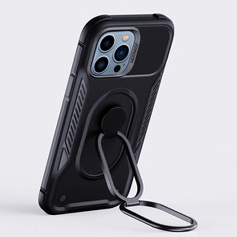 Dėklas iPhone 14 Pro, šarvuotas dangtelis su stovu ir žiedo laikikliu, juodas