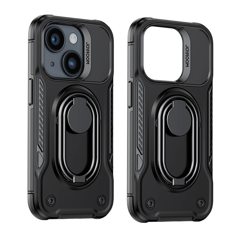 Dėklas iPhone 14 Plus, šarvuotas dangtelis su stovu ir žiedo laikikliu, juodas