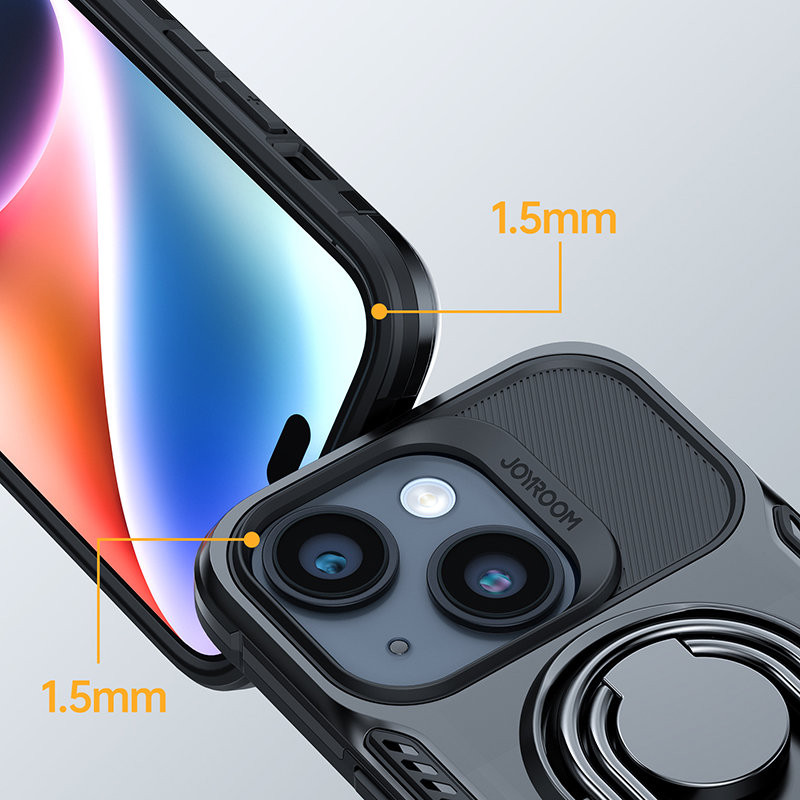 Dėklas iPhone 14 Plus, šarvuotas dangtelis su stovu ir žiedo laikikliu, juodas