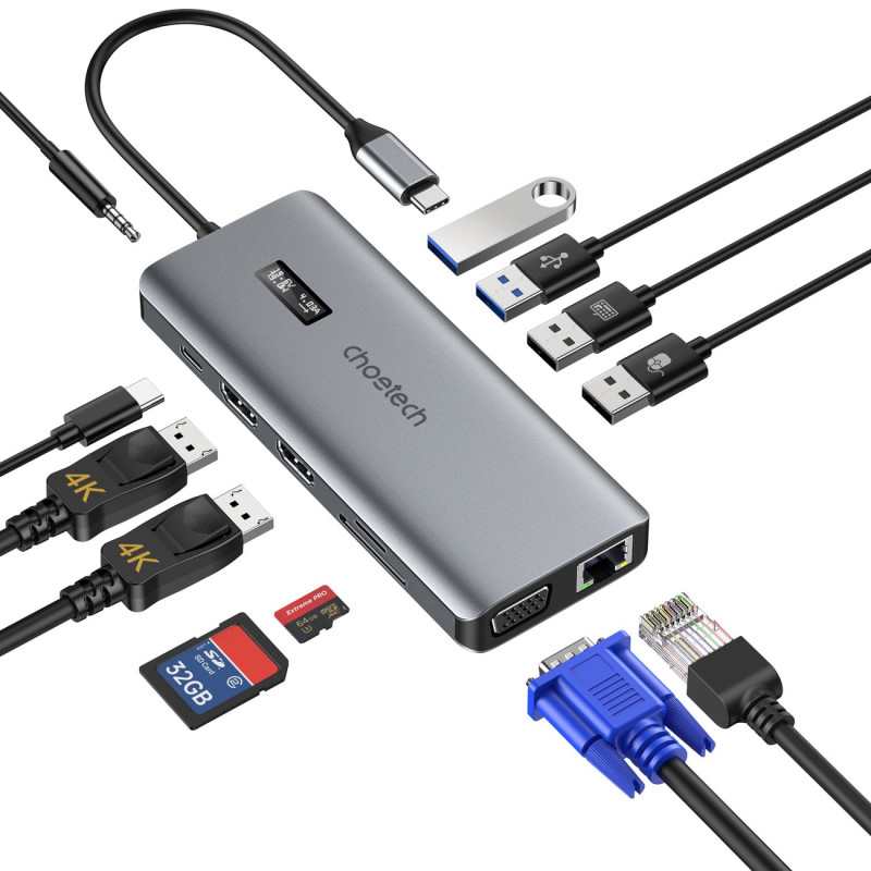 Daugiafunkcis HUB adapteris su ekranu USB-C USB-A VGA AUX SD TF 12in1 pilka