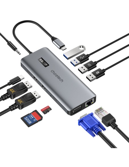 Daugiafunkcis HUB adapteris su ekranu USB-C USB-A VGA AUX SD TF 12in1 pilka Daugiafunkcis HUB adapteris su ekranu USB-C USB-A VGA AUX SD TF 12in1 pilka