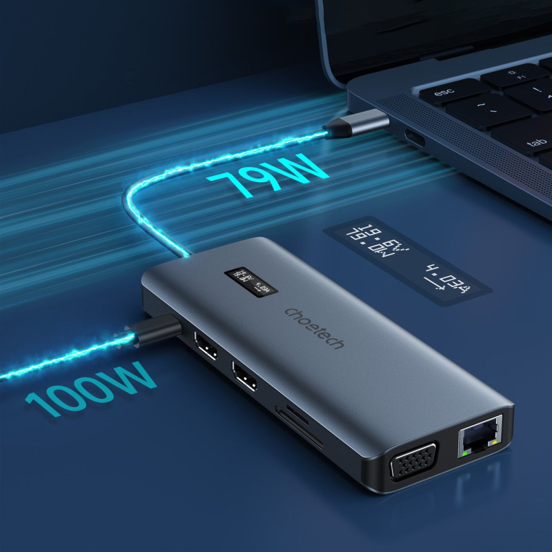 Daugiafunkcis HUB adapteris su ekranu USB-C USB-A VGA AUX SD TF 12in1 pilka