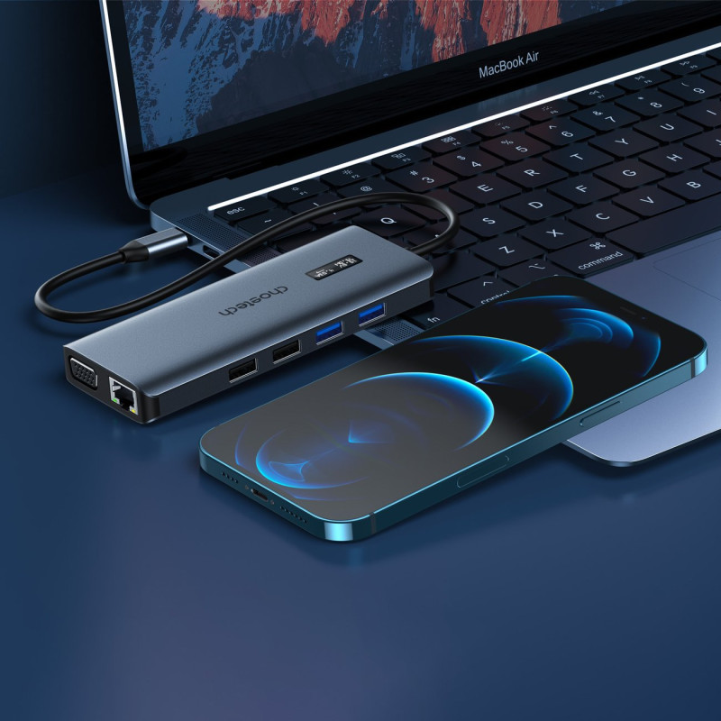 Daugiafunkcis HUB adapteris su ekranu USB-C USB-A VGA AUX SD TF 12in1 pilka