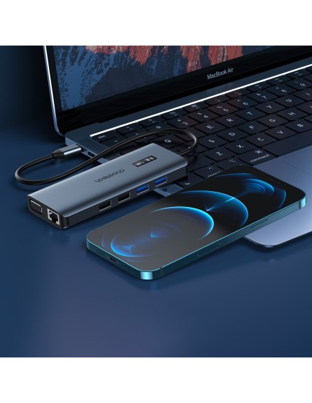 Daugiafunkcis HUB adapteris su ekranu USB-C USB-A VGA AUX SD TF 12in1 pilka Daugiafunkcis HUB adapteris su ekranu USB-C USB-A VGA AUX SD TF 12in1 pilka
