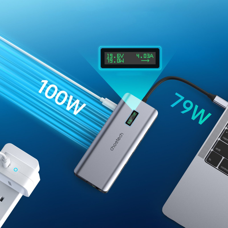 Daugiafunkcis HUB adapteris su ekranu USB-C USB-A VGA AUX SD TF 12in1 pilka