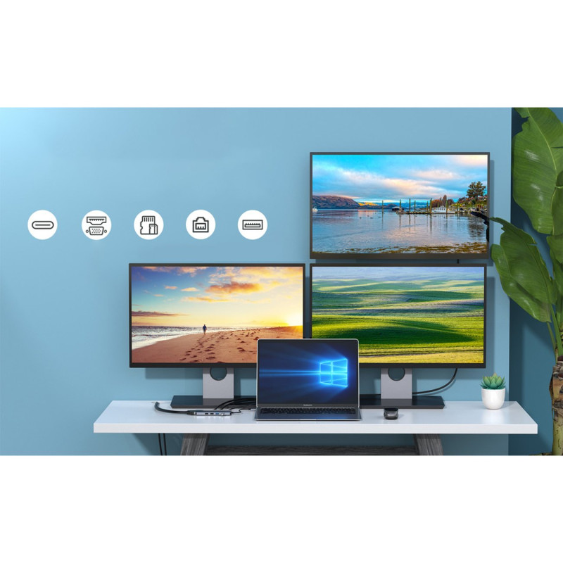 Daugiafunkcis HUB adapteris su ekranu USB-C USB-A VGA AUX SD TF 12in1 pilka