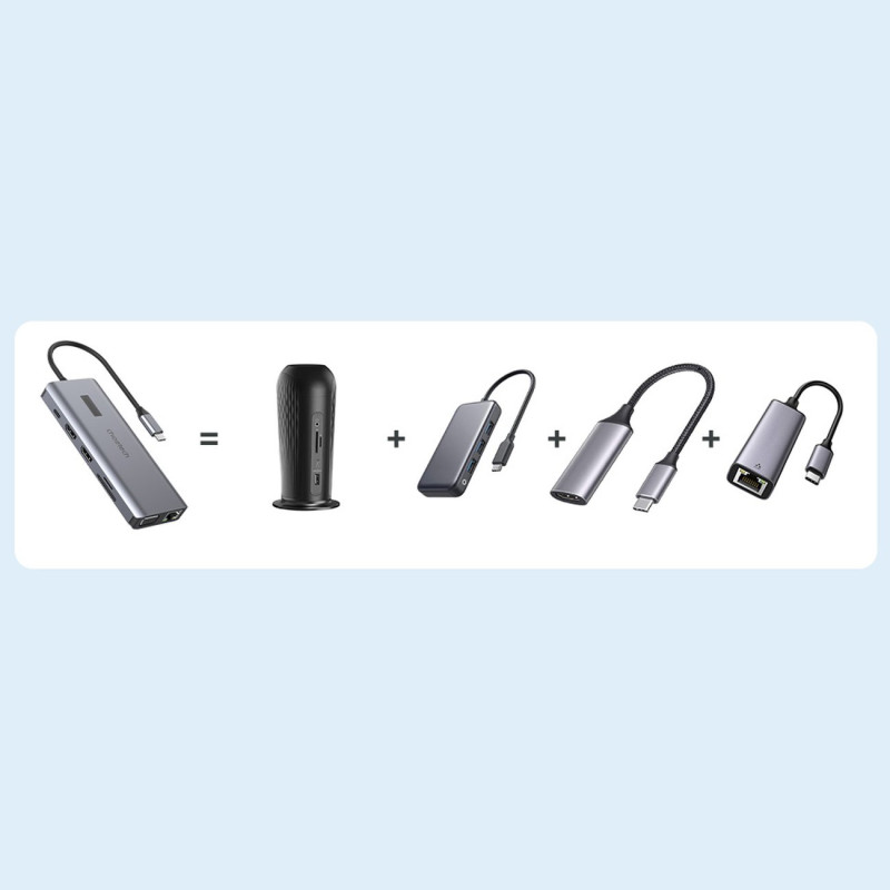 Daugiafunkcis HUB adapteris su ekranu USB-C USB-A VGA AUX SD TF 12in1 pilka