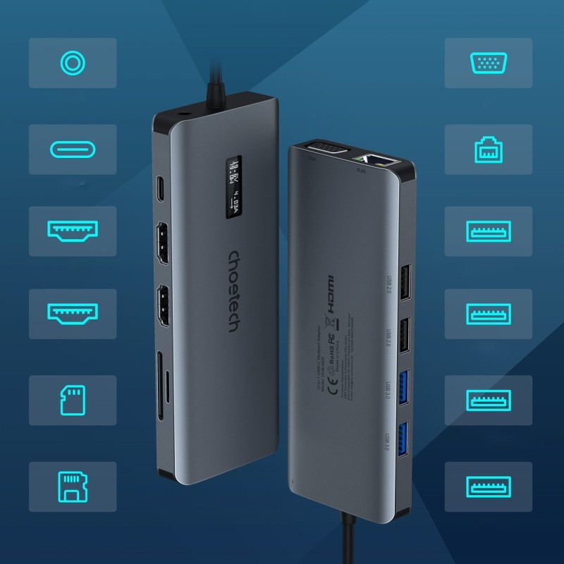 Daugiafunkcis HUB adapteris su ekranu USB-C USB-A VGA AUX SD TF 12in1 pilka