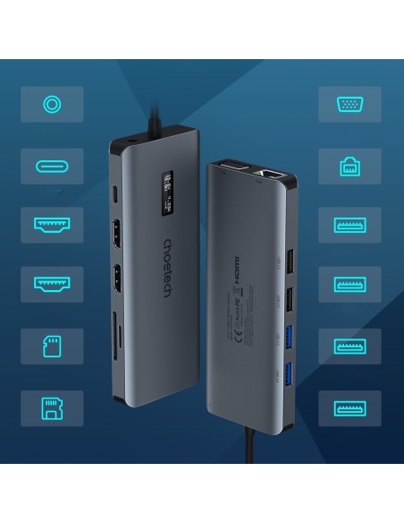 Daugiafunkcis HUB adapteris su ekranu USB-C USB-A VGA AUX SD TF 12in1 pilka Daugiafunkcis HUB adapteris su ekranu USB-C USB-A VGA AUX SD TF 12in1 pilka