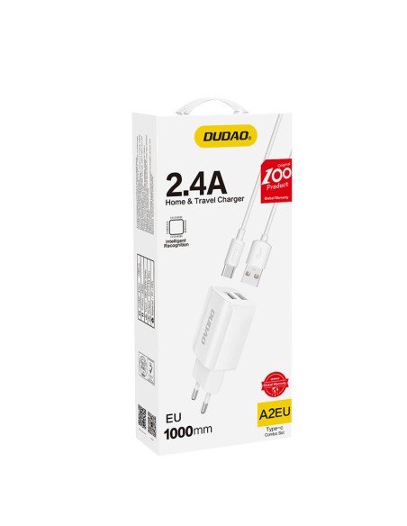 
EU 2x USB 5V/ 2.4A tinklo įkroviklis + baltas USB-C laidas
