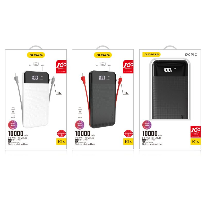Powerbank 10000mAh 2A + 3in1 Lightning USB-C micro USB 3A kabelis juodas