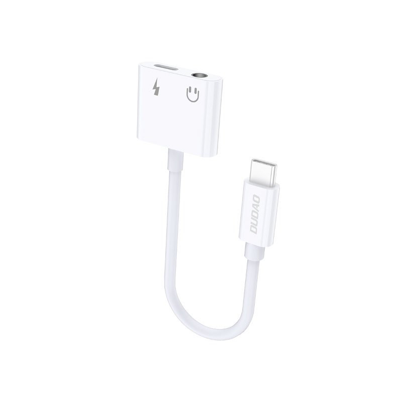 Ausinių skirstytuvo adapteris USB-C - USB-C + 3,5 mm mini lizdas baltas